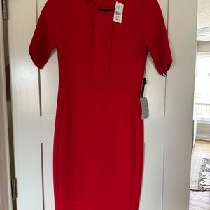 Red Sheath Midi Dress with Crew Neck